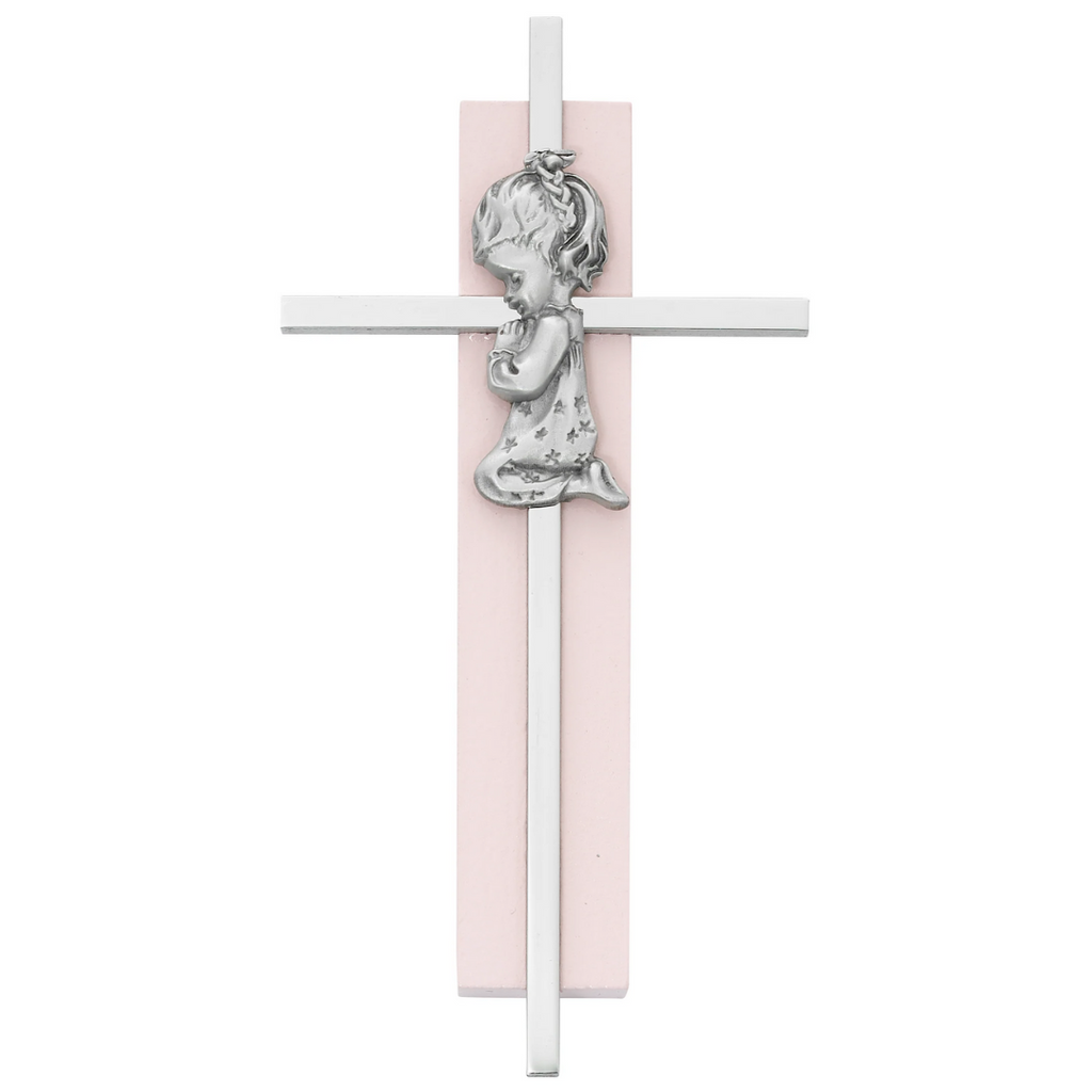 Wall Cross - 6in Pink Wood Praying Girl on Silver Cross Boxed