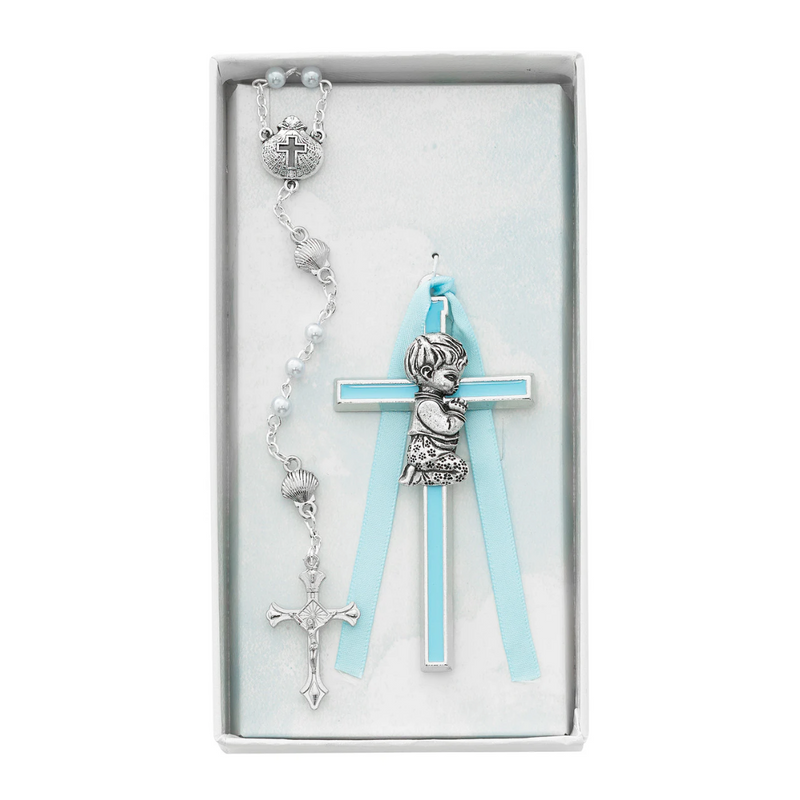 Baby Set - Blue Crib Cross and Blue Rosary Set Boxed