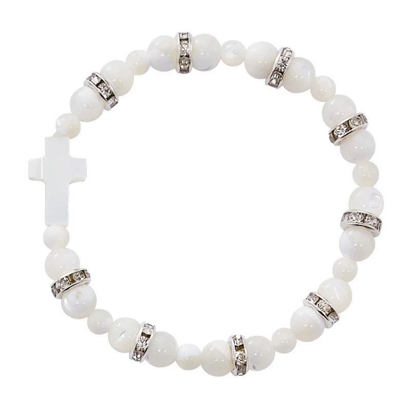 Bracelet - Youth Mother of Pearl Stretch Cross Bracelet Carded