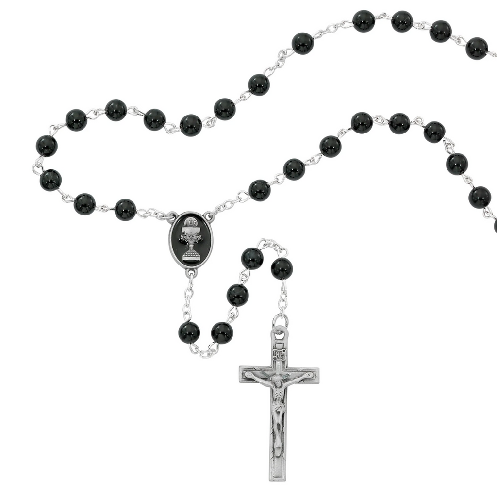 Rosary - 6mm Black Rosary with Chalice, Box