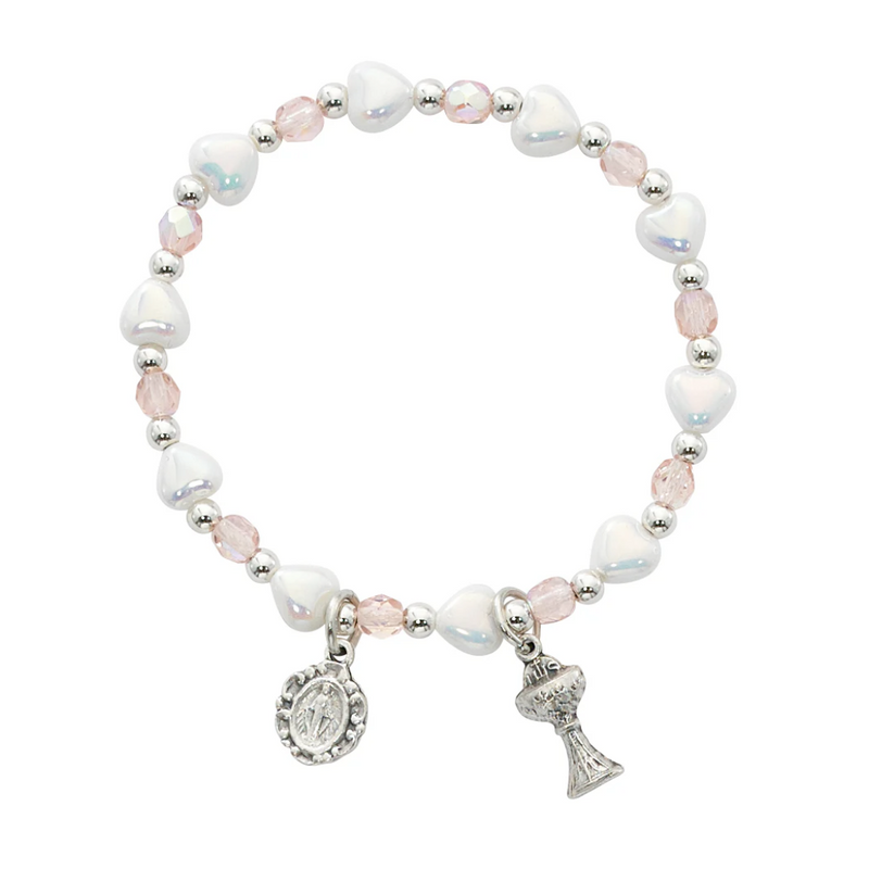 Bracelet - Imitation Pearl Hearts and Pink Crystal Stretch Communion Bracelet Carded