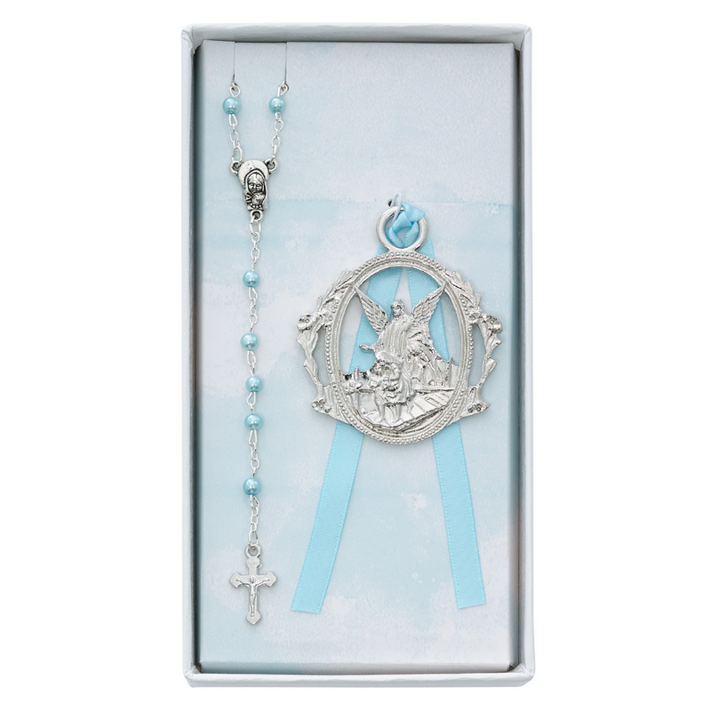 Baby Set - Angel Crib Medal and Blue Rosary Set Boxed