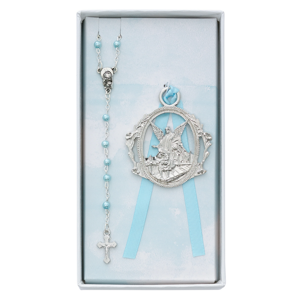 Baby Set - Angel Crib Medal and Blue Rosary Set Boxed