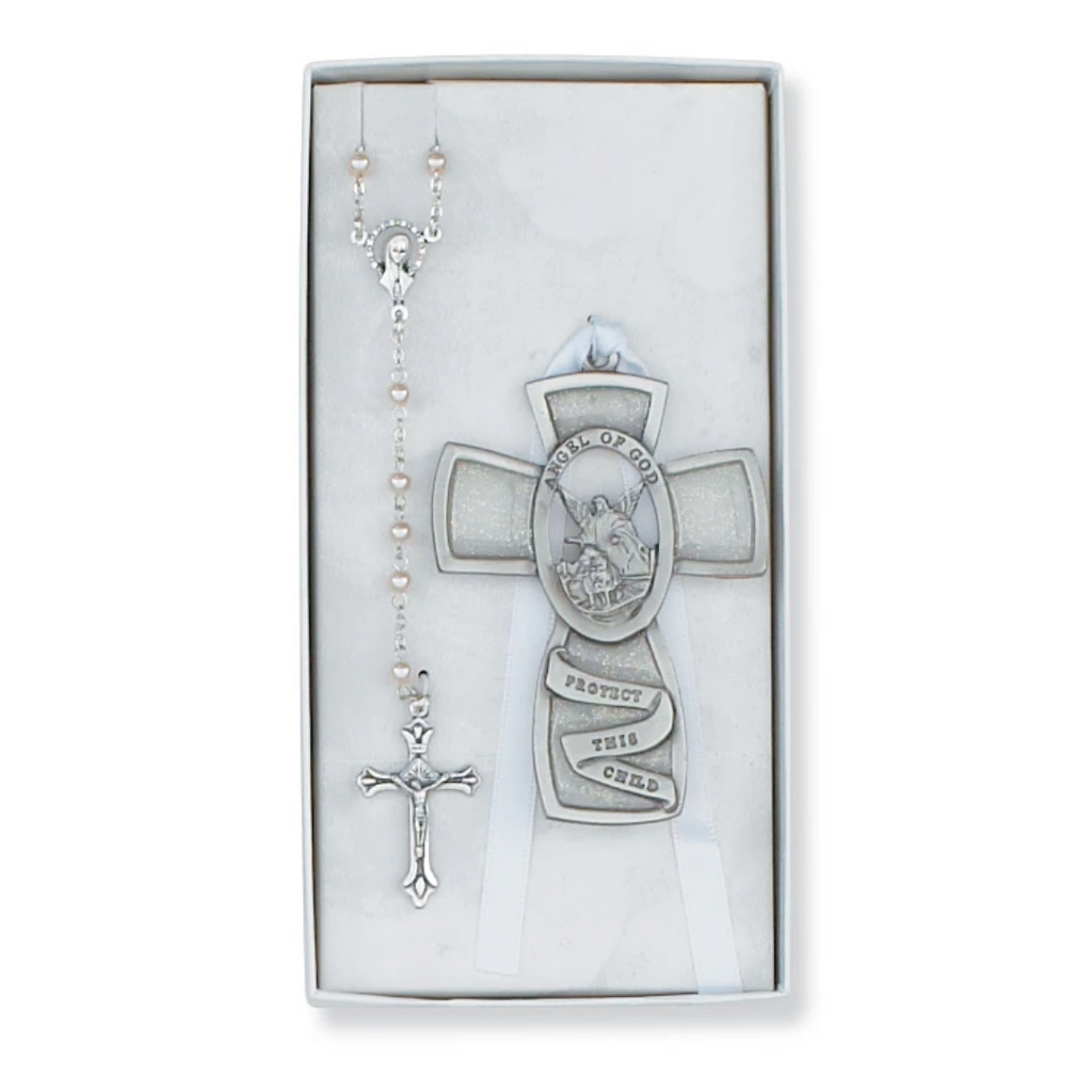 Baby Set - Guardian Angel Crib Cross and Rosary Set Boxed