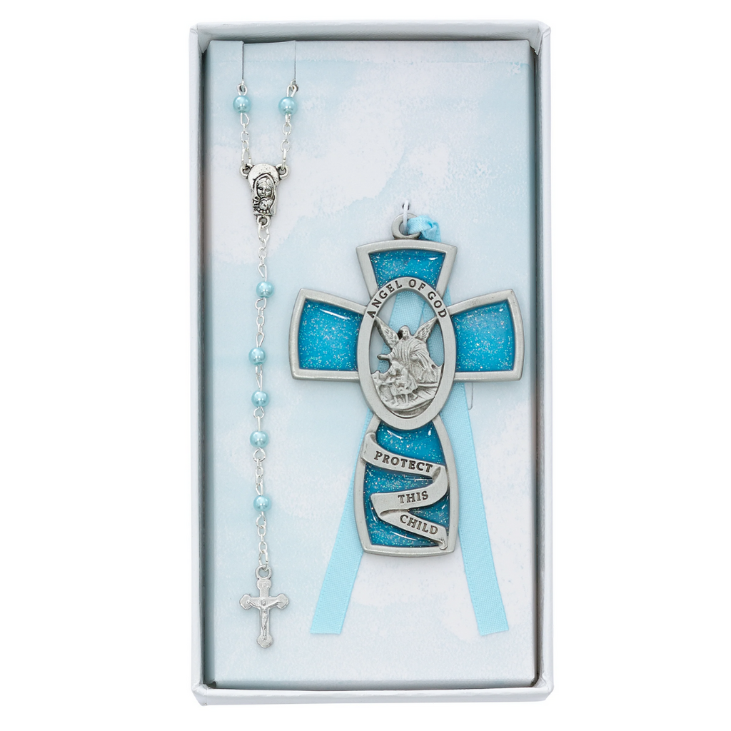 Baby Set - Blue Crib Cross and Pink Rosary Set Boxed