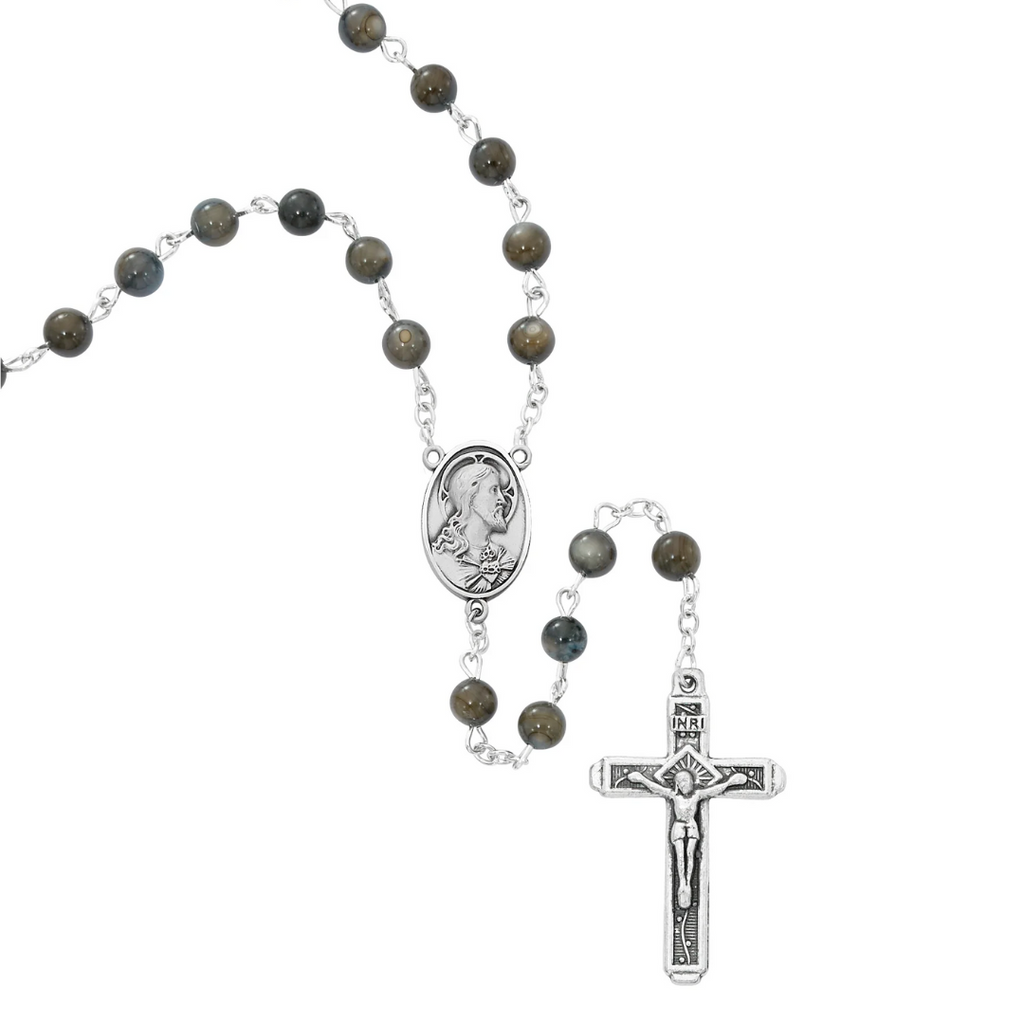 Rosary - 6mm Gray Swirl Sacred Heart Rosary, Box