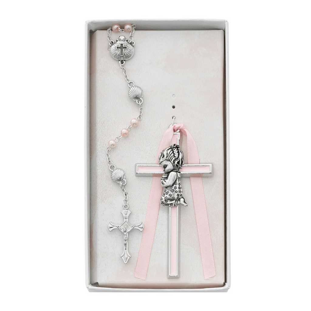 Baby Set - Pink Crib Cross and Pink Rosary Set Boxed
