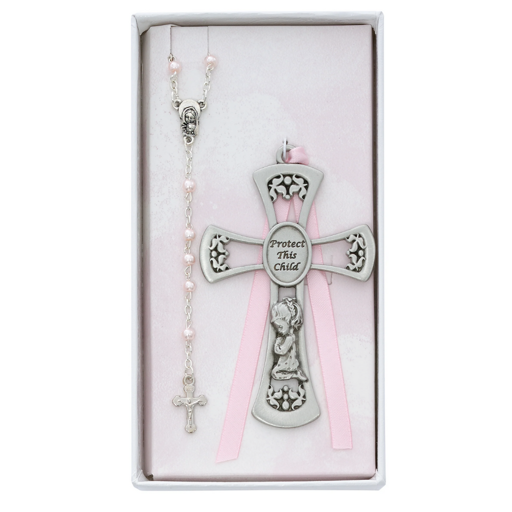 Baby Set - Baby Girl Crib Cross and Rosary Set Boxed