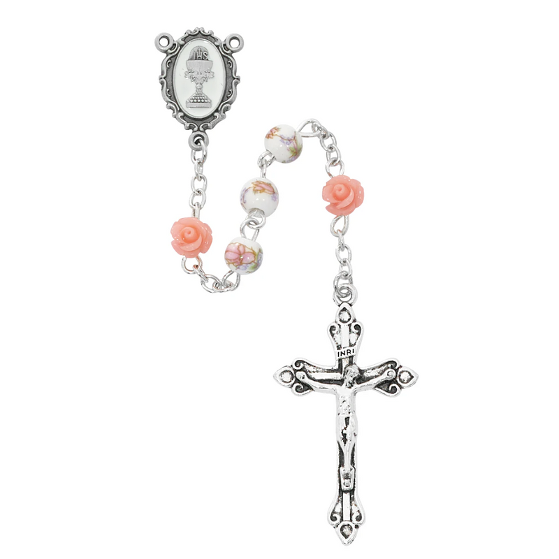 Pink Floral First Communion Rosary with Pink Roses | McVan