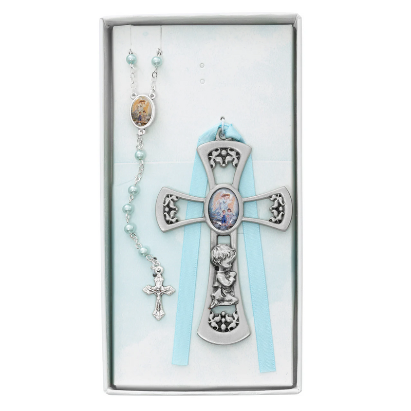 Baby Set - Crib Cross and Blue Rosary Set Boxed