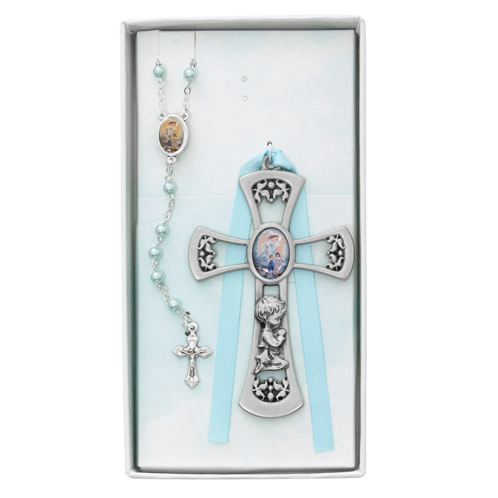 Baby Set - Crib Cross and Blue Rosary Set Boxed