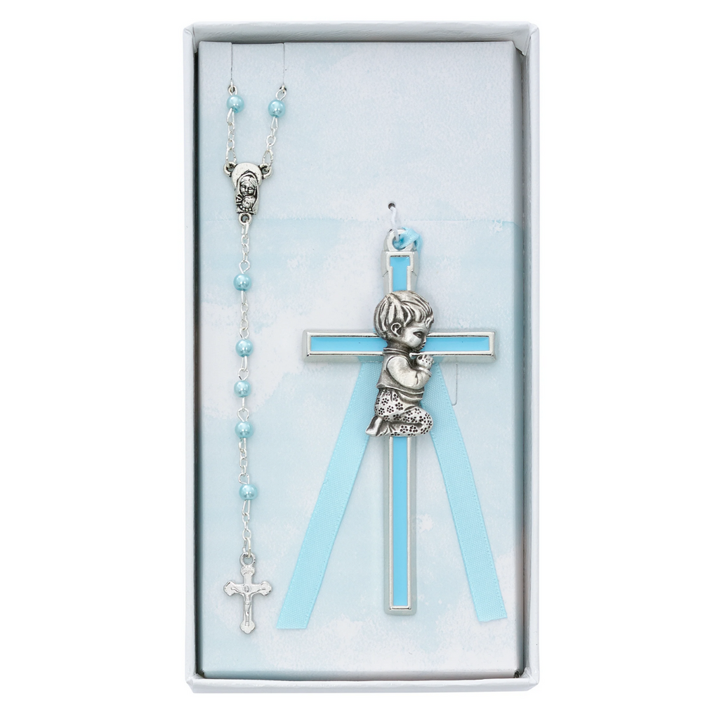 Baby Set - Blue Crib Cross and Blue Rosary Set Boxed