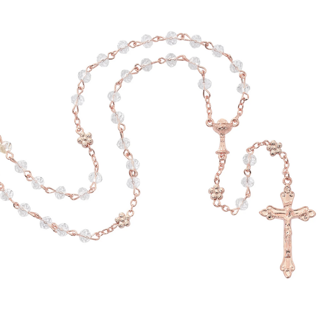 Rosary - 6mm Rose with Crystal Communion Rosary, Box