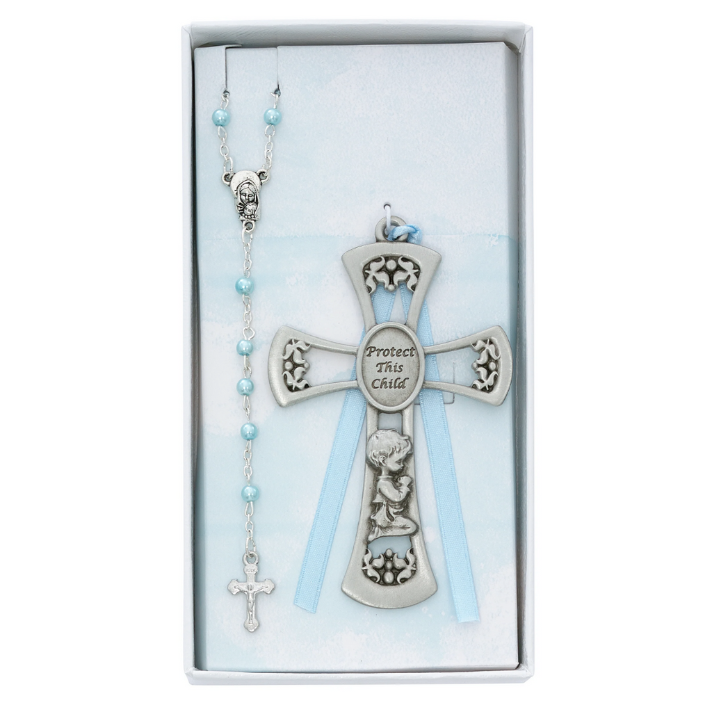 Baby Set - Baby Boy Crib Cross and Rosary Set Boxed