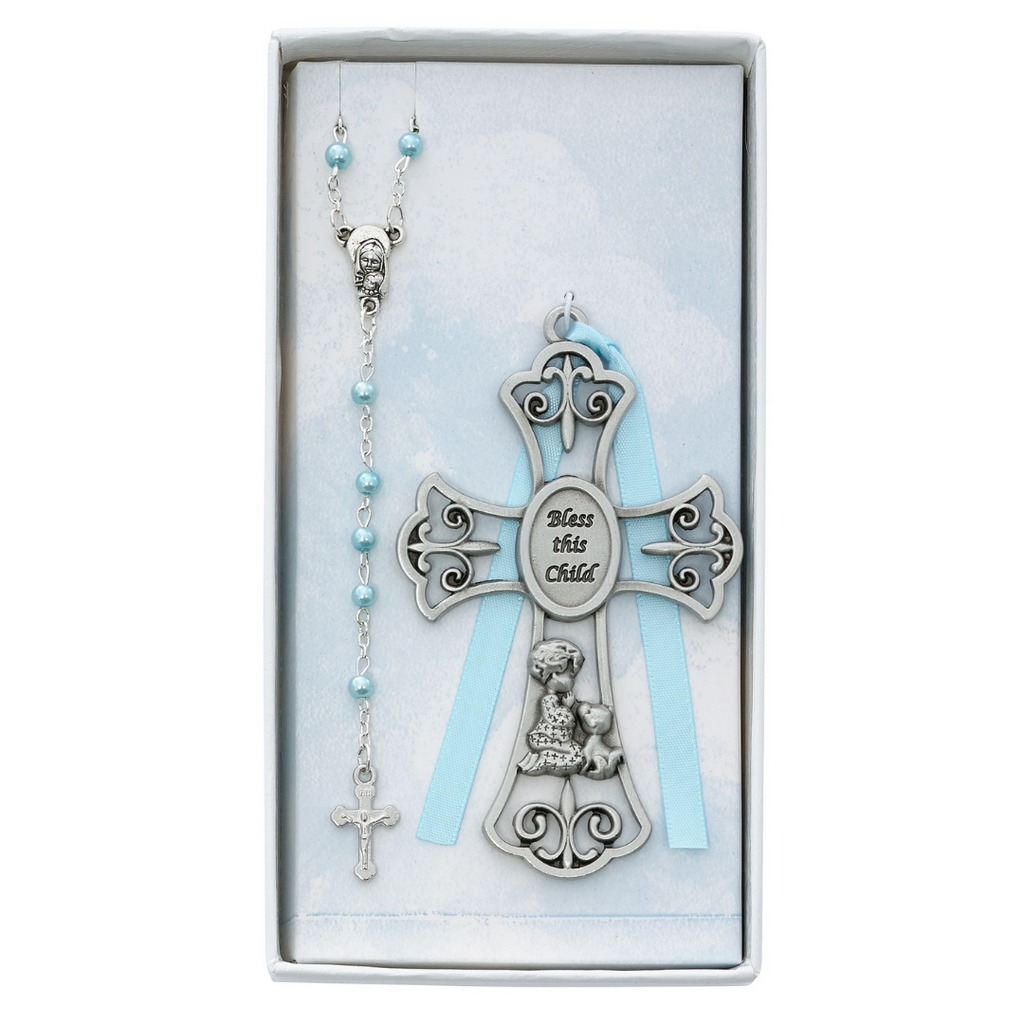 Baby Set - Baby Boy and Puppy Crib Cross and Rosary Boxed