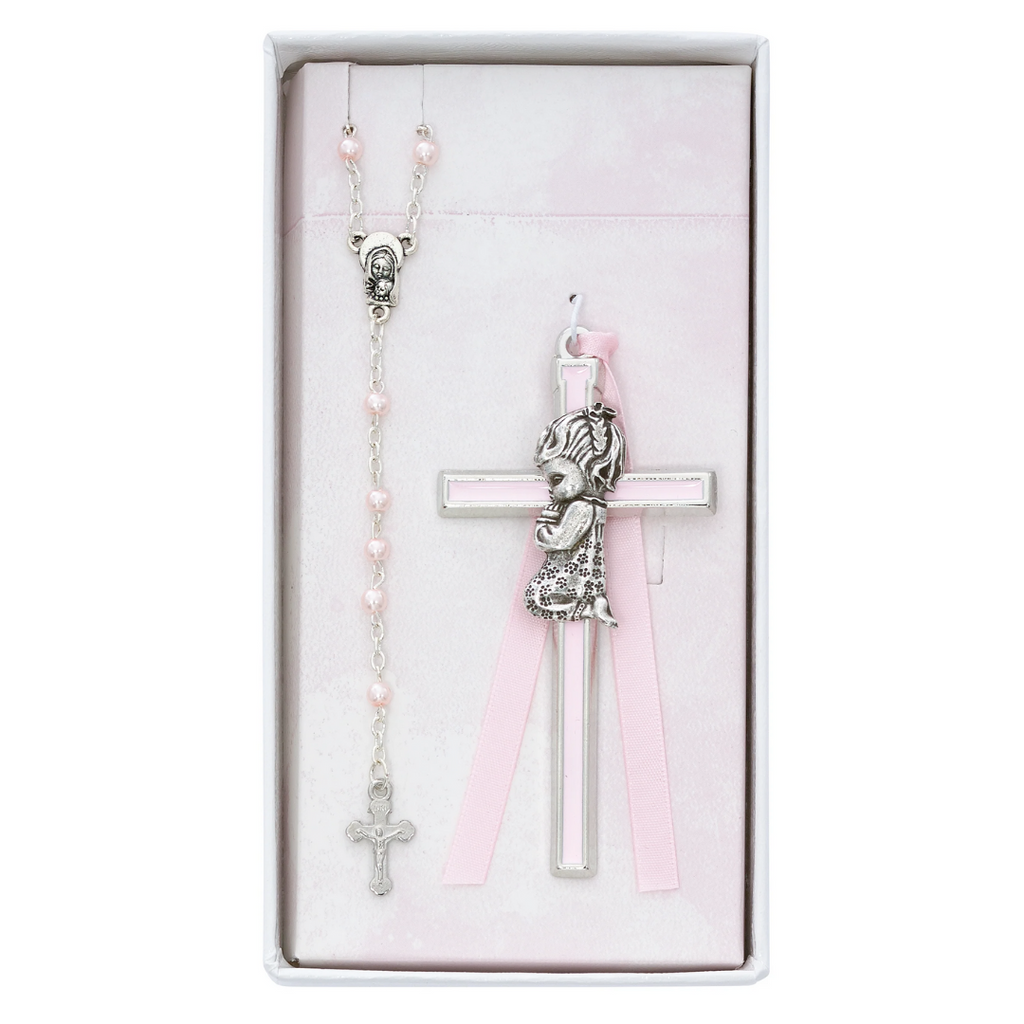 Baby Set - Pink Crib Cross and Pink Rosary Set Boxed