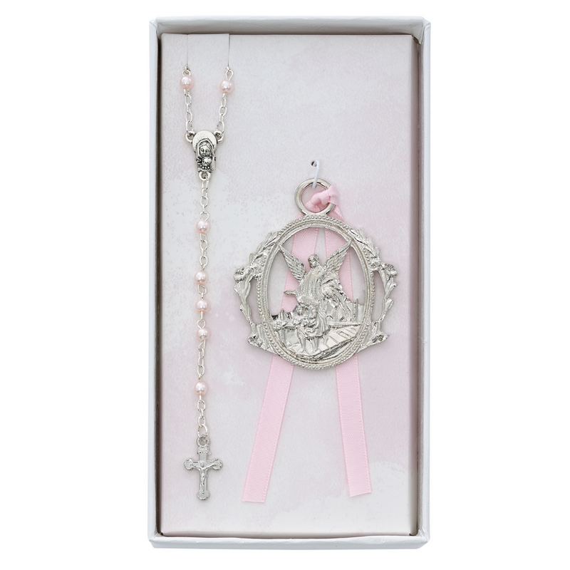 Baby Set - Angel Crib Medal and Pink Rosary Set Boxed