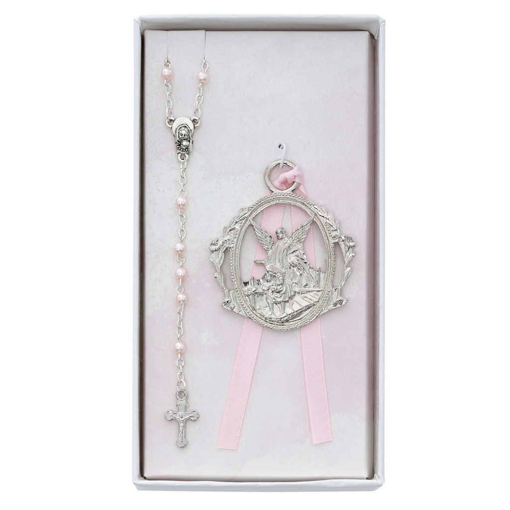 Baby Set - Angel Crib Medal and Pink Rosary Set Boxed