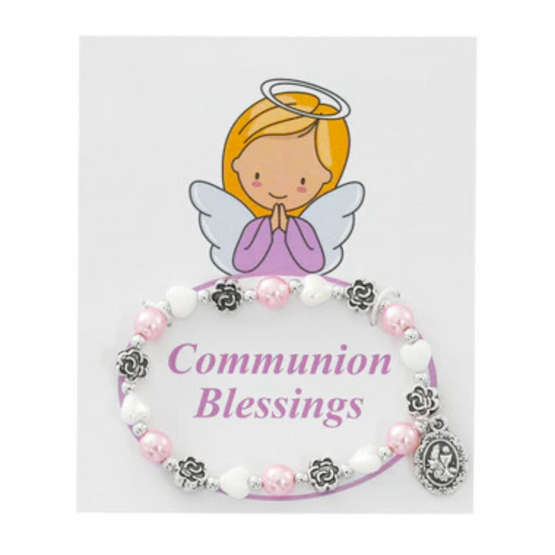 Bracelet - Imitation Pink and Pearl Heart Stretch Communion Bracelet Carded