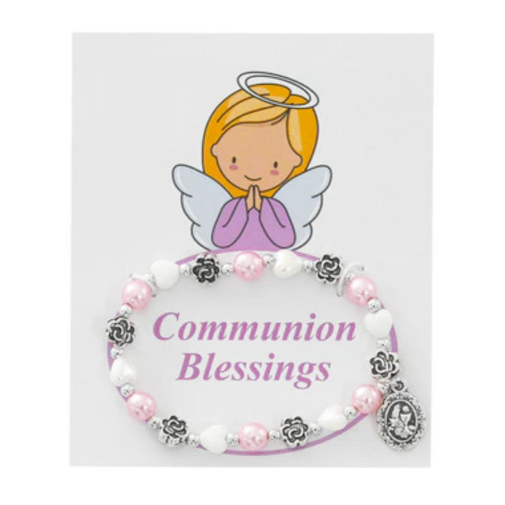 Bracelet - Imitation Pink and Pearl Heart Stretch Communion Bracelet Carded