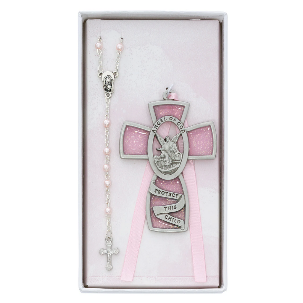 Baby Set - Pink Crib Cross and Pink Rosary Set, Boxed