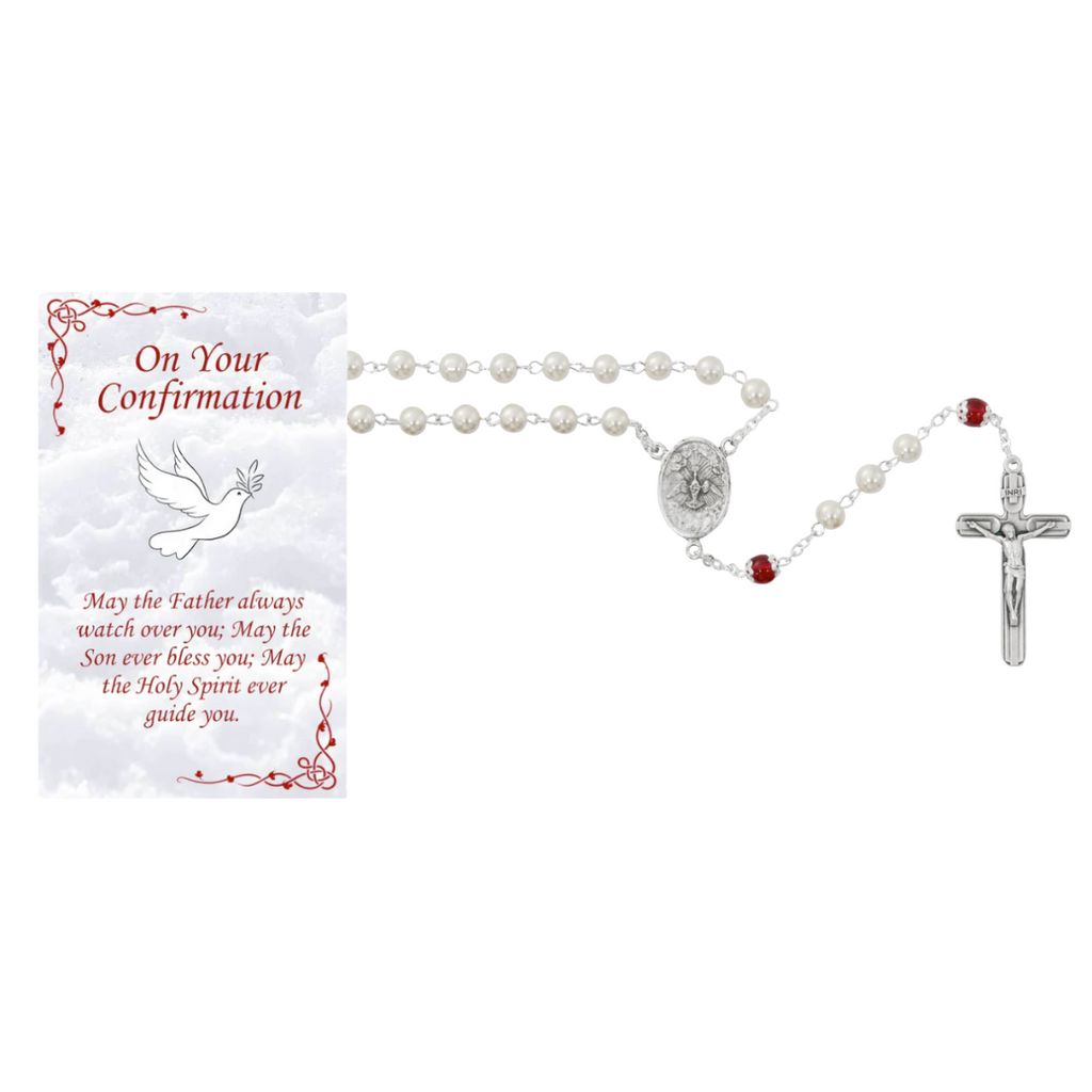 Pearl Confirmation Rosary with Prayer Card