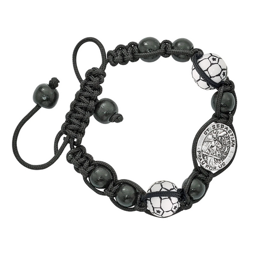 Black beaded bracelet with soccer ball charms on a white background