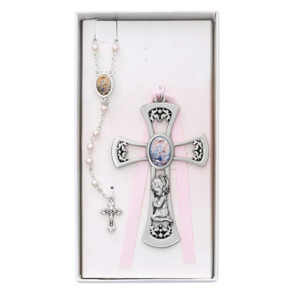 Baby Set - Crib Cross and Pink Rosary Set Boxed
