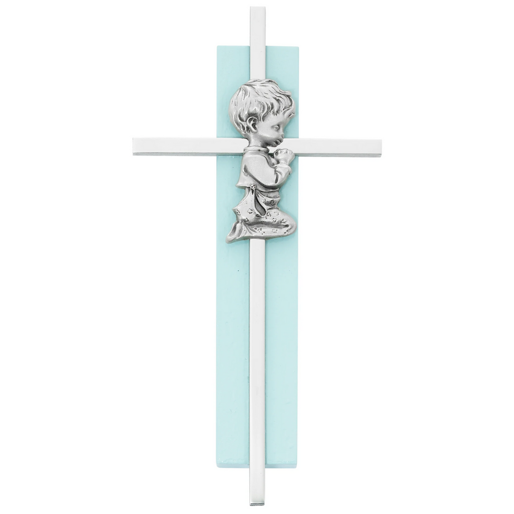 Wall Cross - 6in Blue Wood Praying Boy on Silver Cross Boxed
