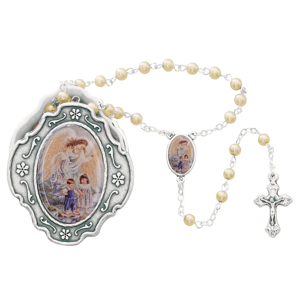 Rosary - Guardian Angel Box and Pearl Like Rosary