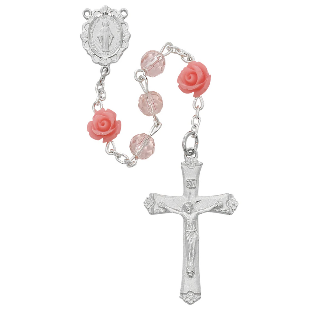 Rosary - Pink and Roses Glass Rosary Boxed