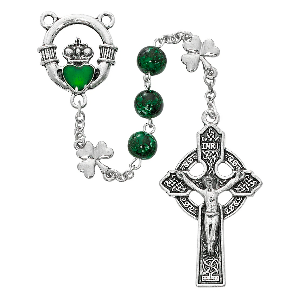 Claddagh Rosary - Green Shamrock Claddagh Rosary Boxed