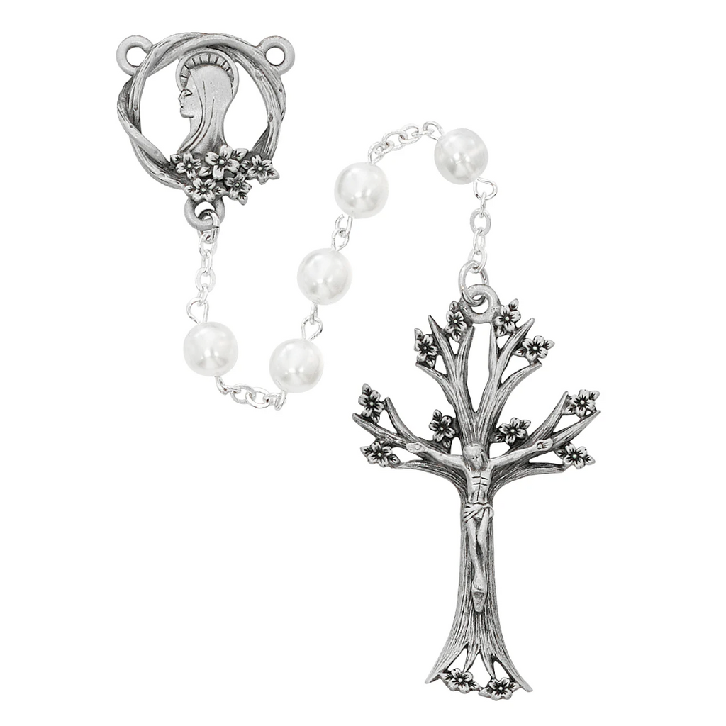 Rosary - White Glass Dogwood Rosary Boxed