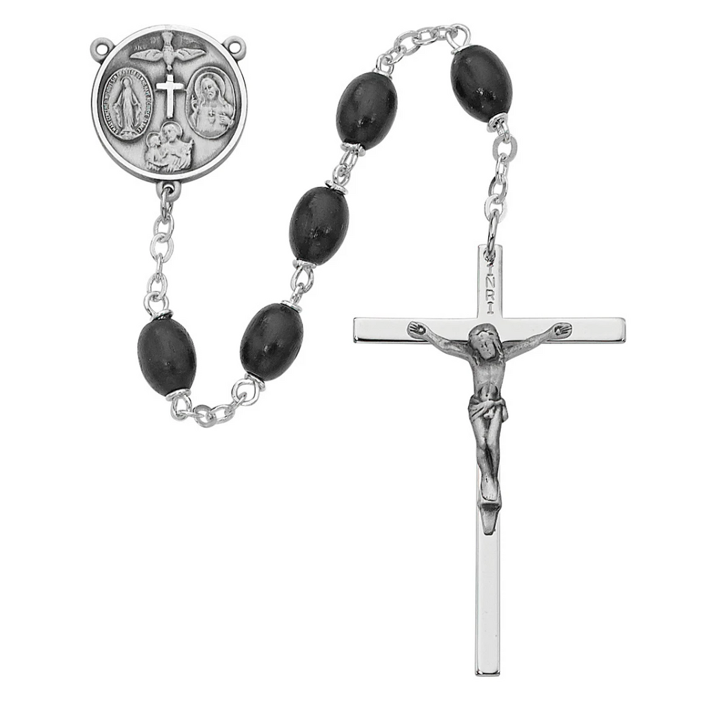 Black Wood Oval Rosary, Sterling Silver