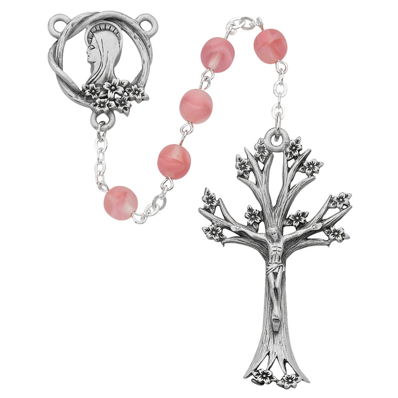 Rosary - Pink Glass Dogwood Rosary Boxed