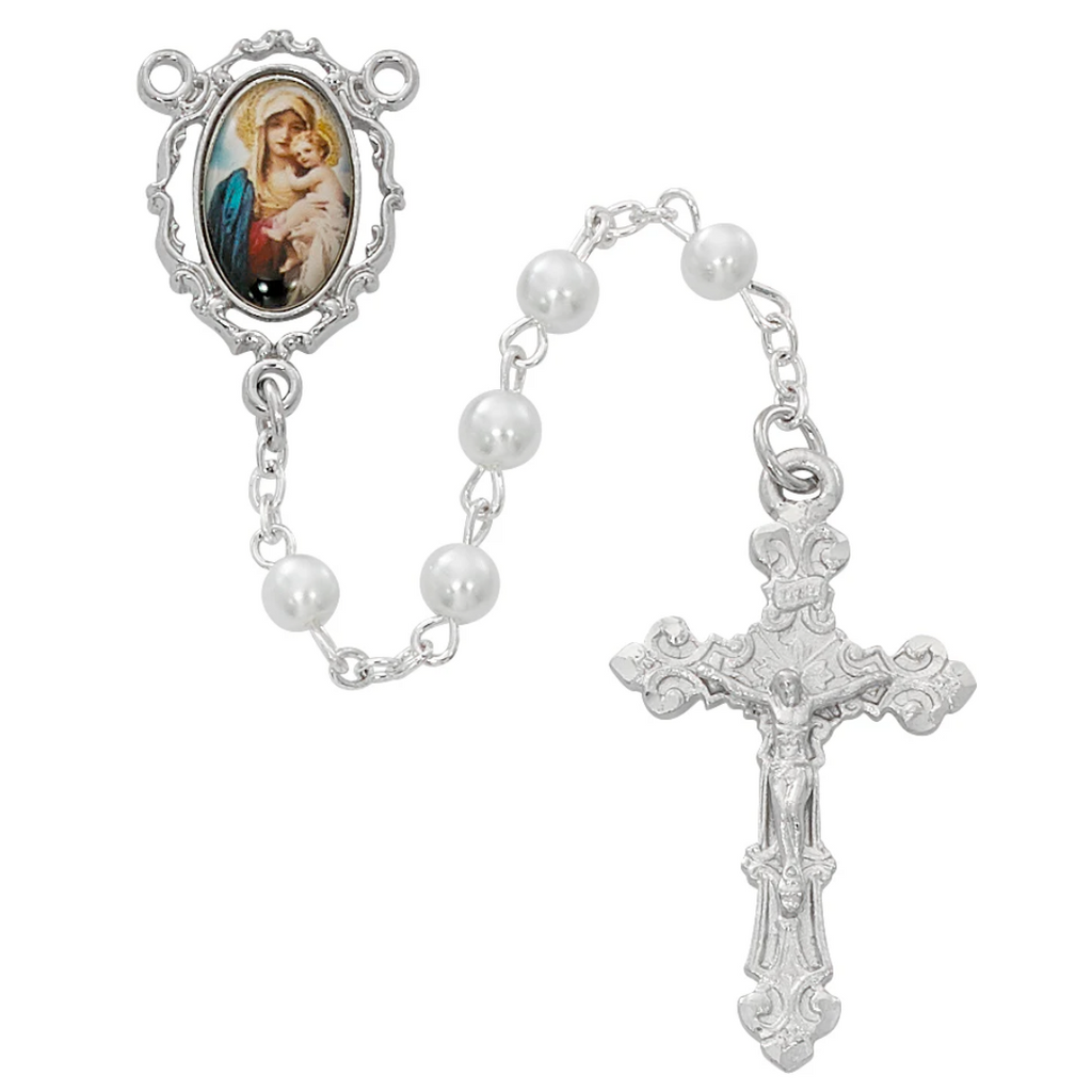 Mother and Child Decal Rosary - White Boxed