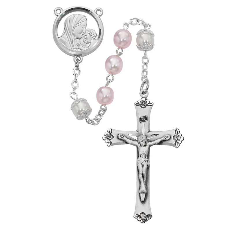 Mother and Child Rosary - Pink and White Boxed