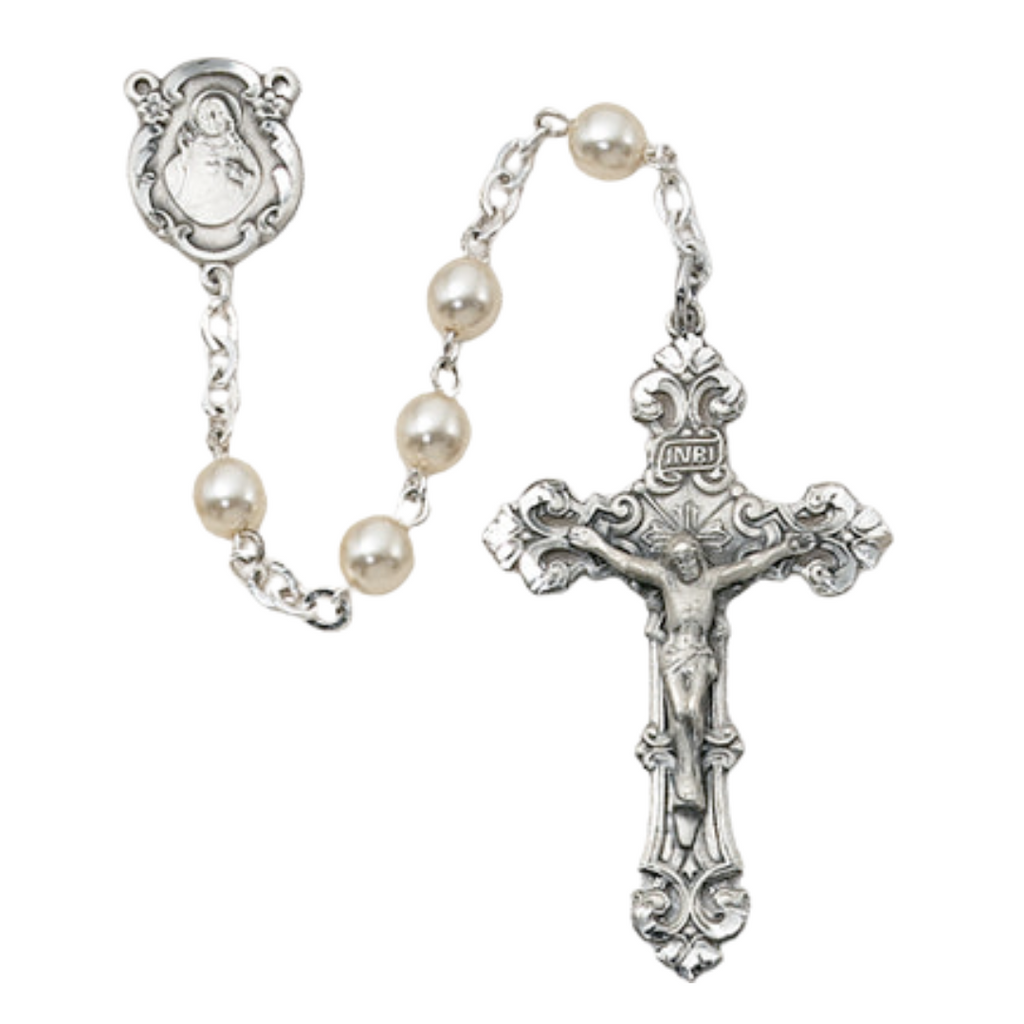 Pearl Look Glass Rosary, Boxed