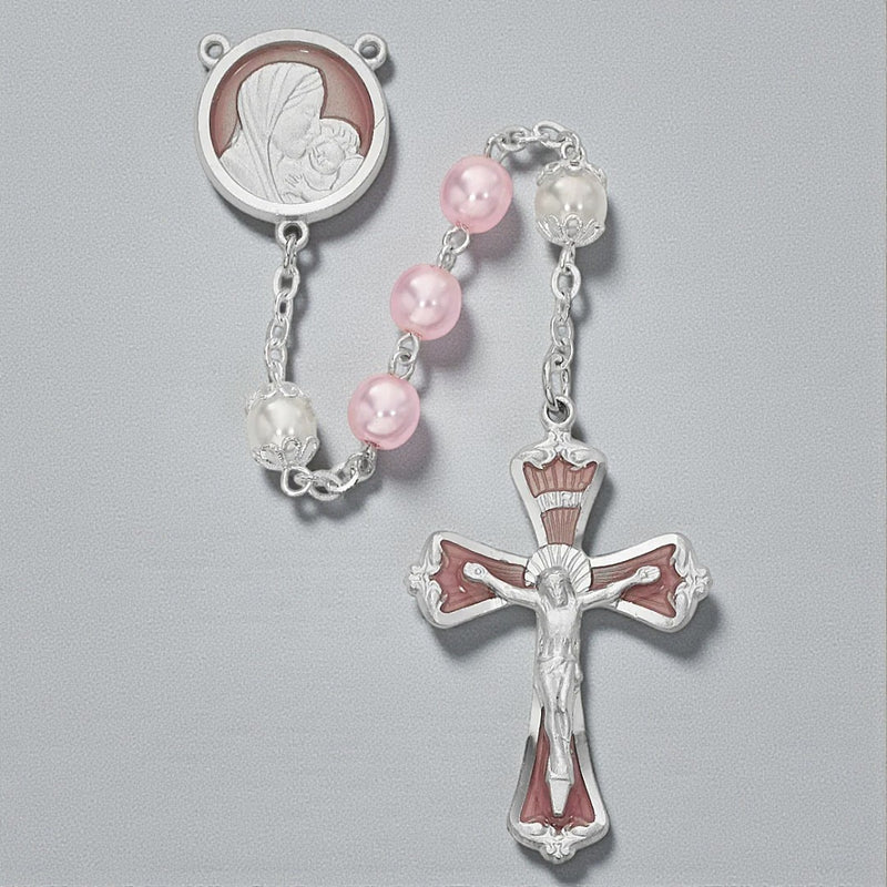 Mother and Child Rosary - Pink Pearl like  Glass Rosary Boxed
