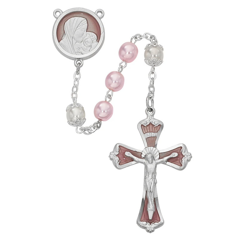 Mother and Child Rosary - Pink Pearl like  Glass Rosary Boxed