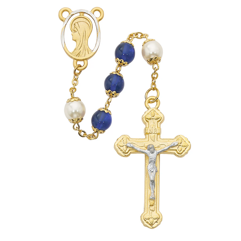Pearl Like and Blue Capped Glass Rosary