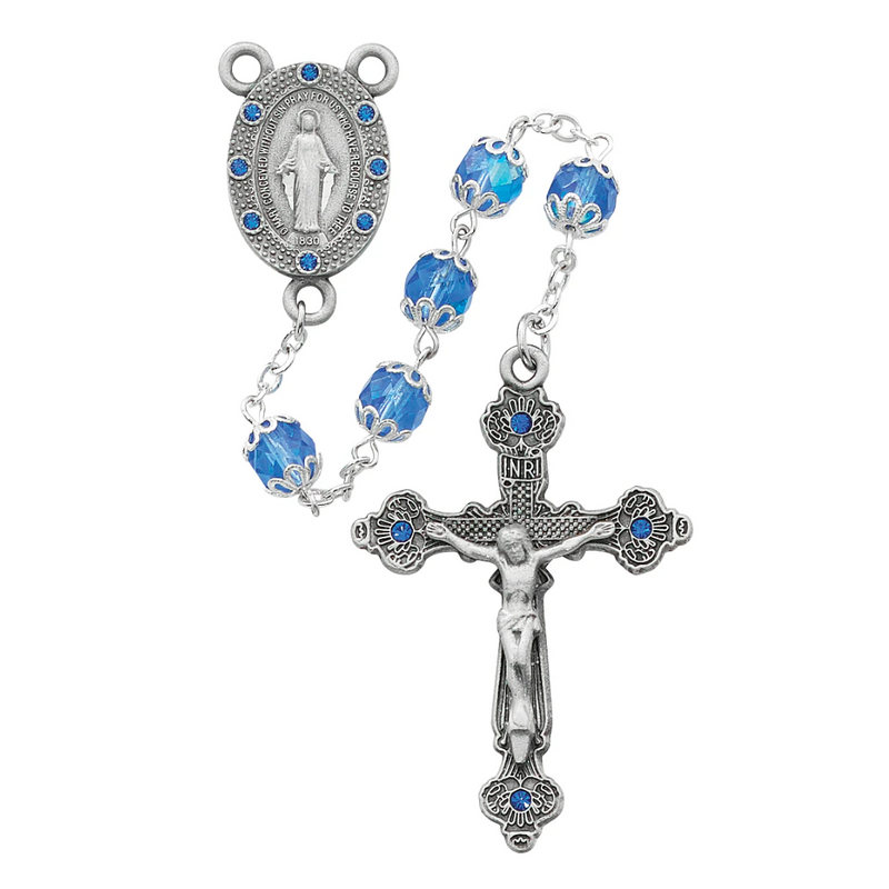 Rosary - Blue Capped Glass Rosary Boxed