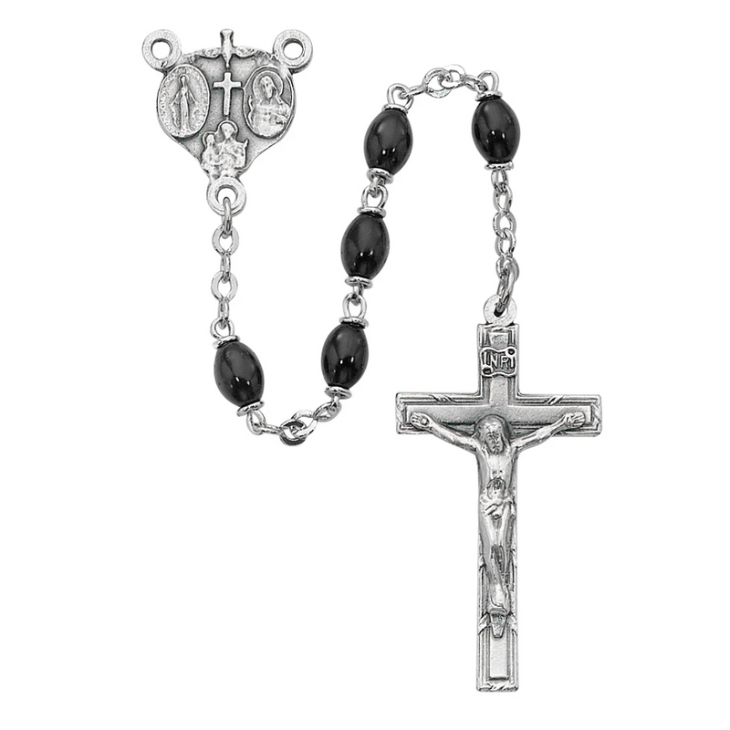 Black Glass Oval Rosary, Boxed