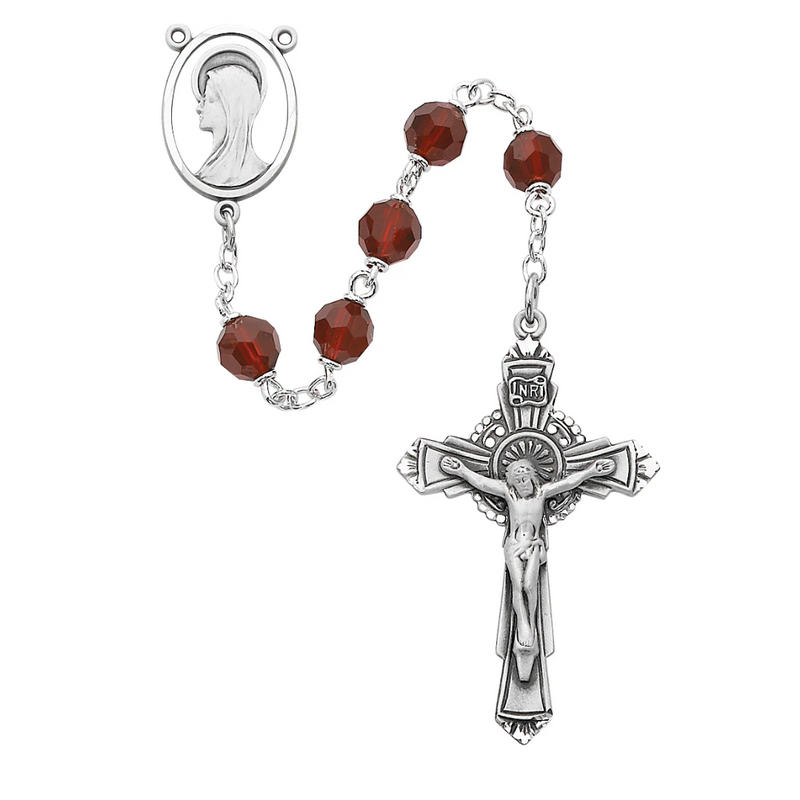 Rosary - Dark Red Tin Cut Crystal Rosary Boxed