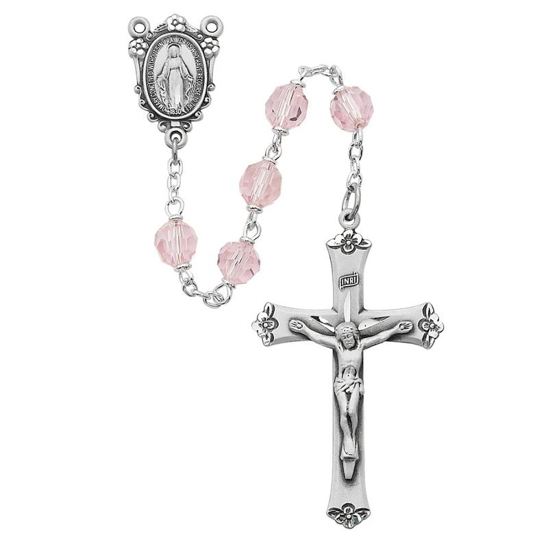 Rosary - Pink Tin Cut Crystal and Sterling Silver Rosary Boxed