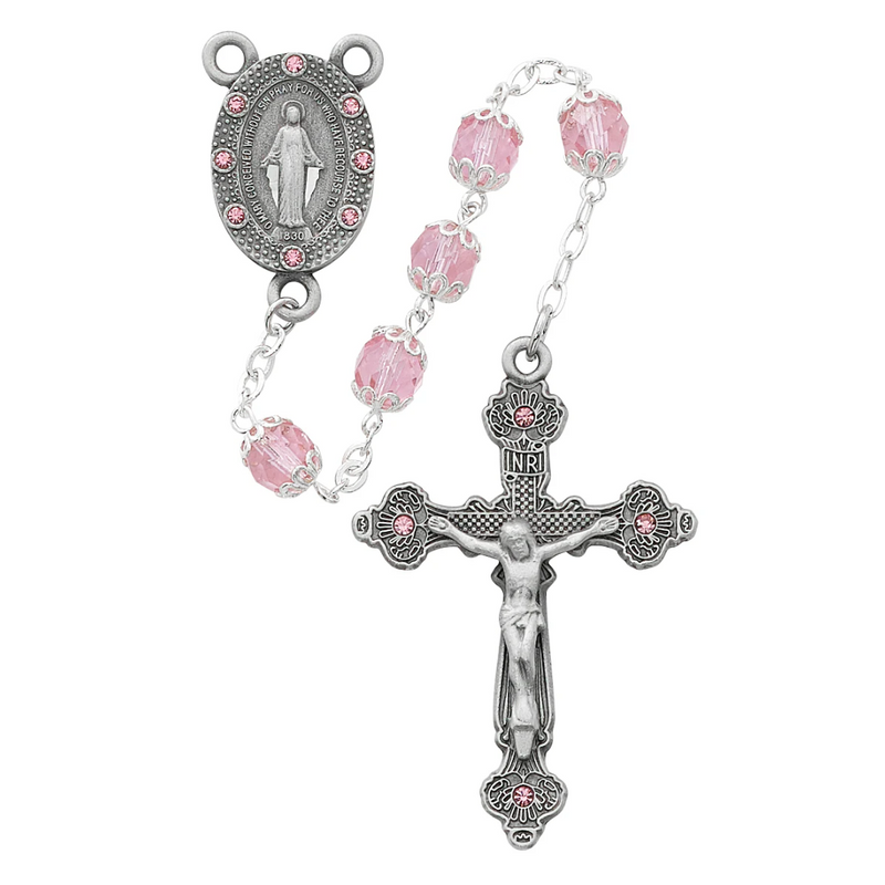 Rosary - Pink Capped Glass Rosary Boxed