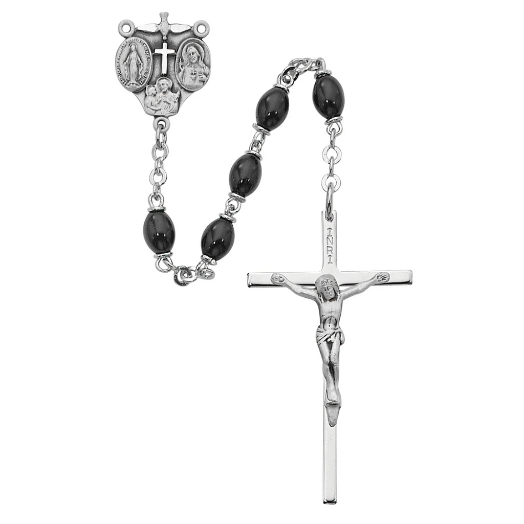 Black Glass Oval Rosary, Sterling Silver