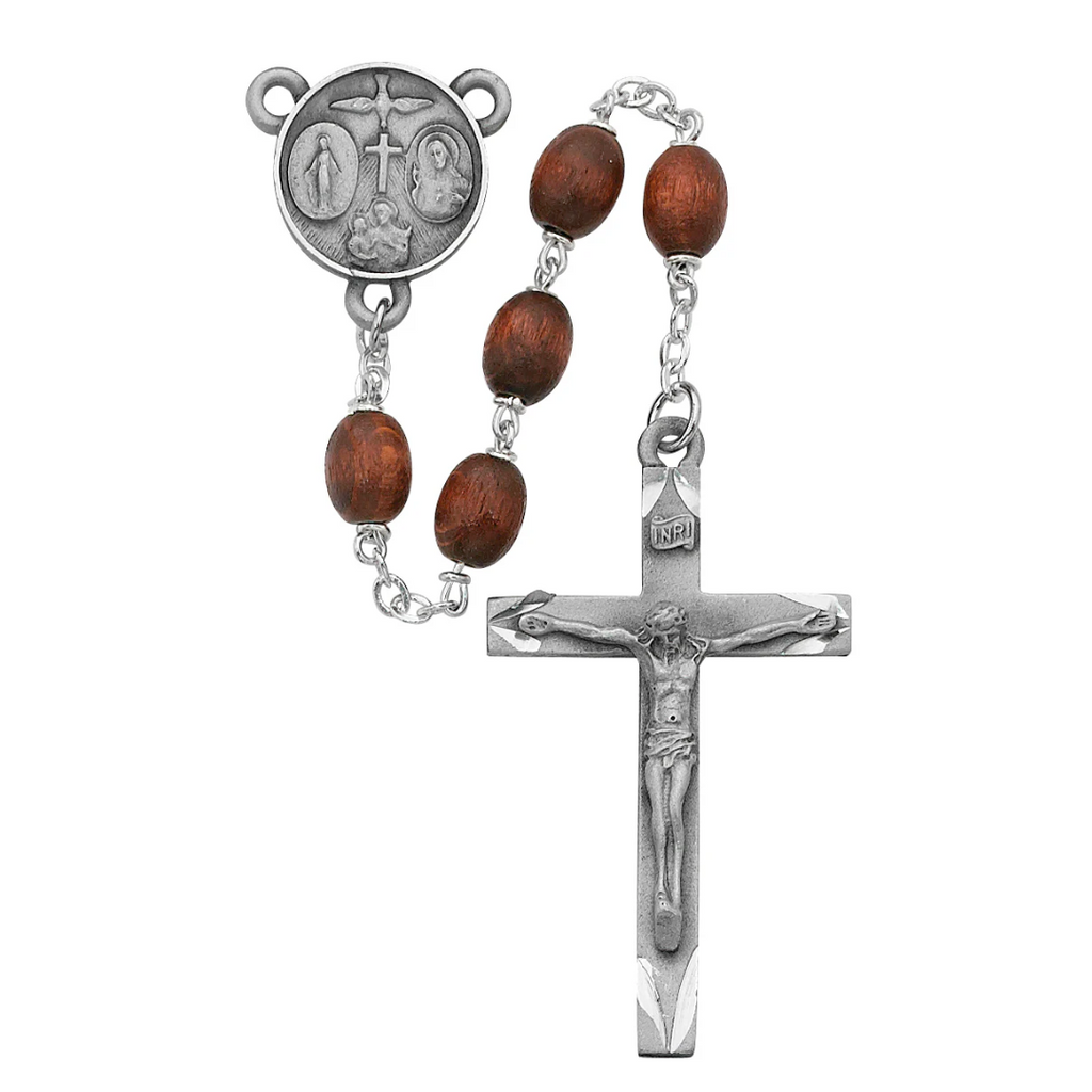 Brown Oval Wood Rosary, Boxed
