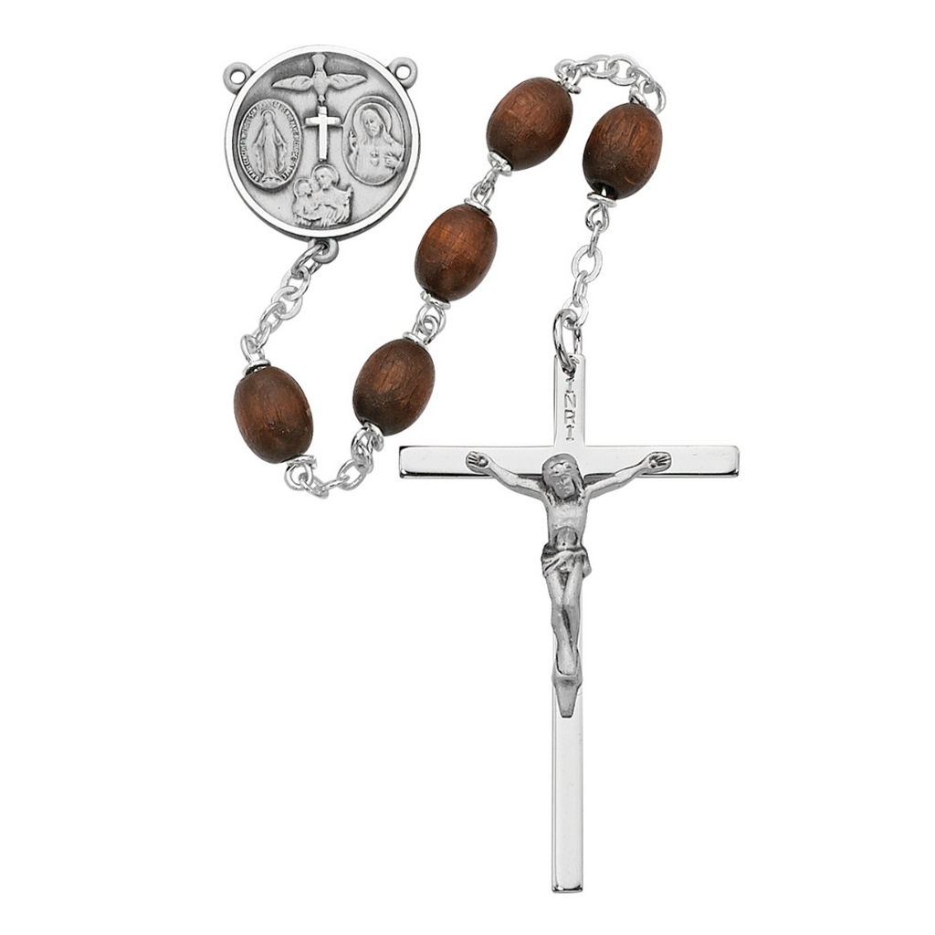 Brown Wood Oval Rosary, Sterling Silver