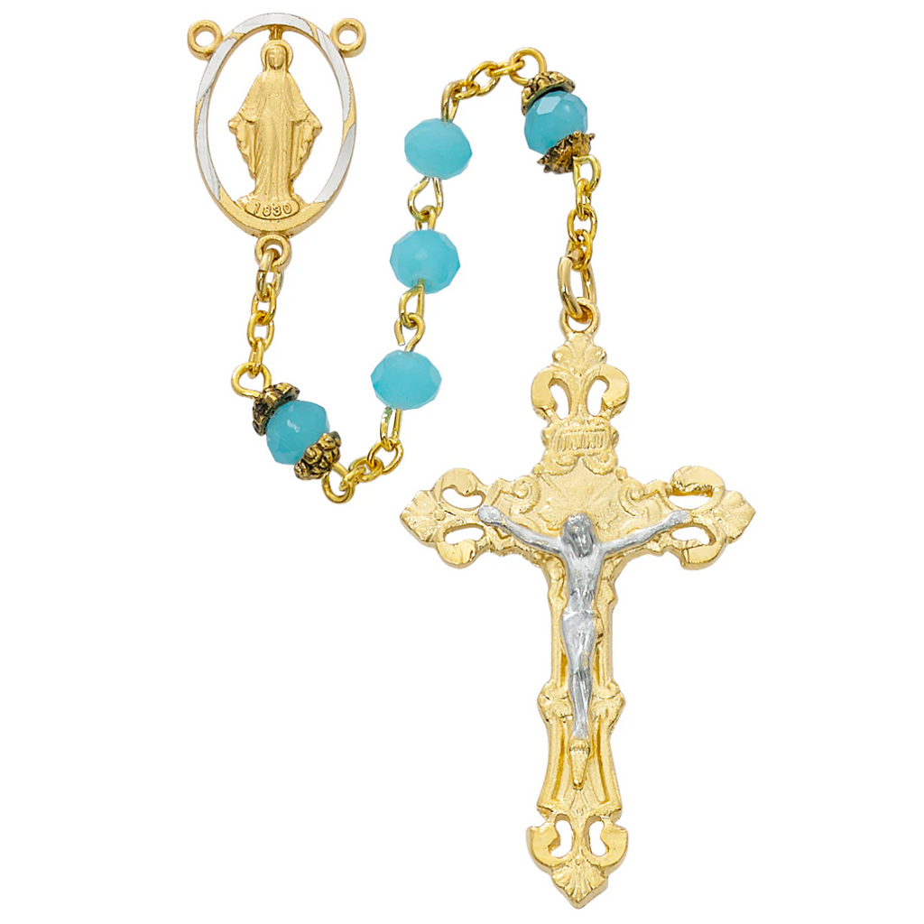 Rosary - Gold Aqua Glass Rosary Boxed